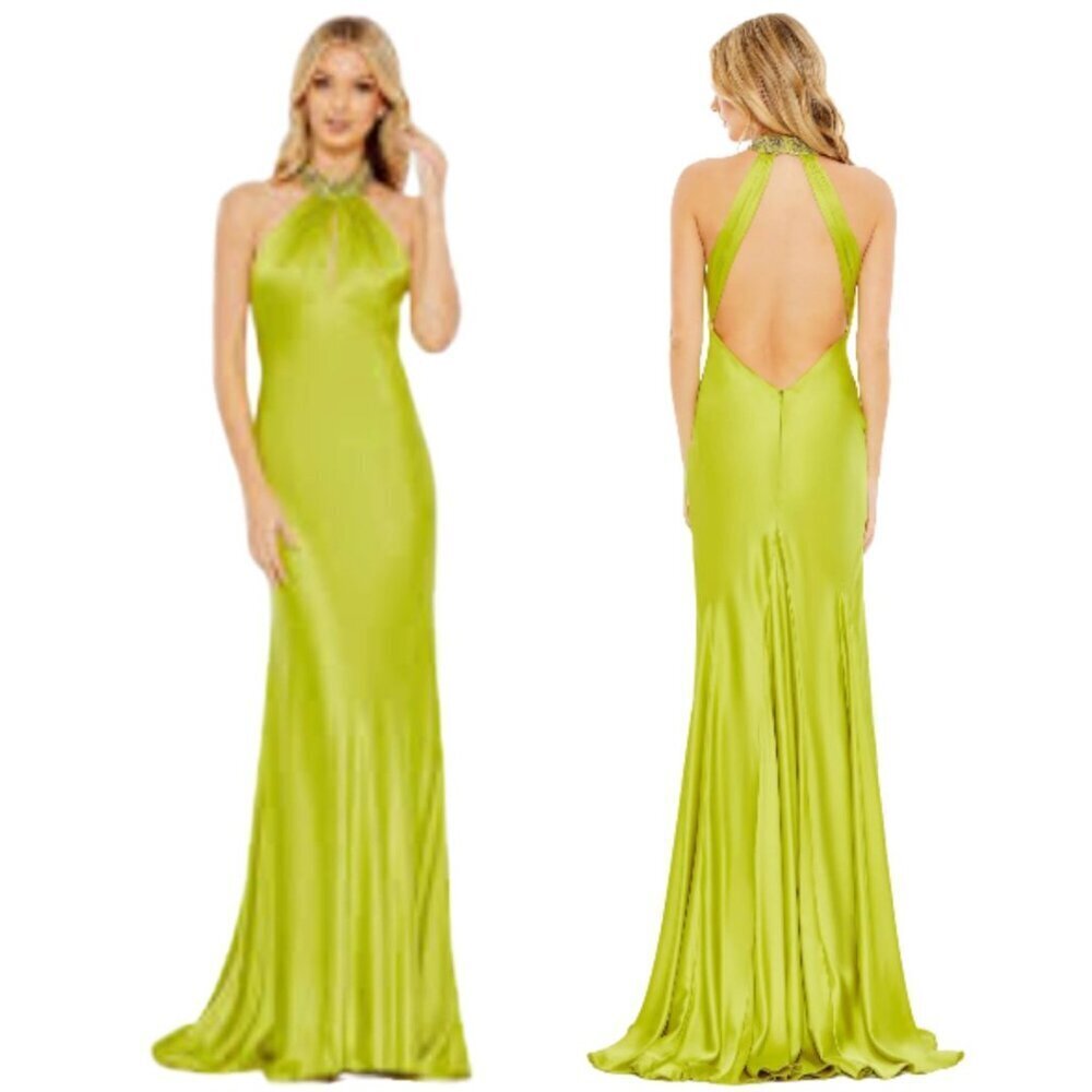 Mac Duggal Vibrant Lime Green Halter Prom Dress Gown, Size 16